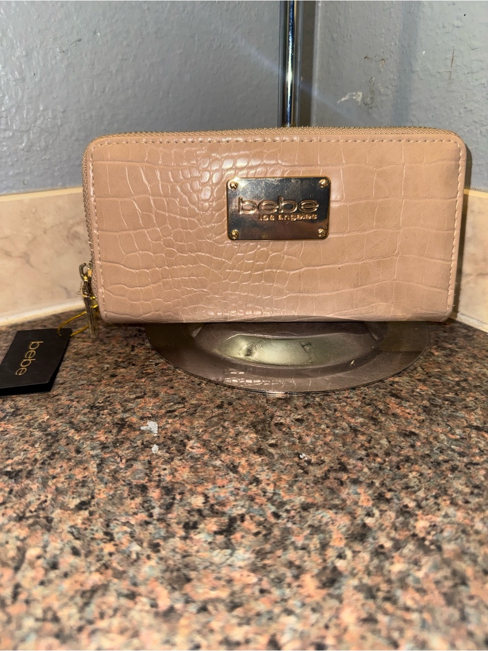 bebe Croc-Embossed Zip Wallet in Nude NWT